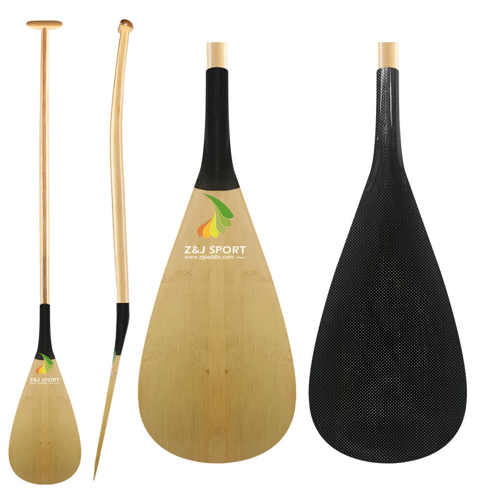 The ZJ SPORT Hybrid Outrigger Canoe Paddle for kids features a handcrafted wood shaft and C-S carbon blade. Each paddle boasts a teardrop-shaped design with the ZJ SPORT logo and vibrant green, yellow, and orange leaf pattern, displayed from various angles.