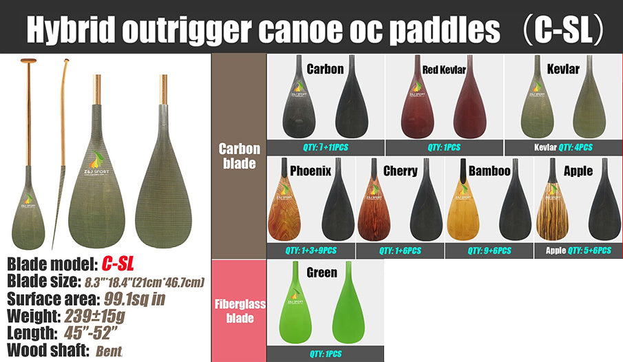 Explore our ZJ SPORT display of hybrid outrigger canoe paddles, featuring the ZJ Hybrid Outrigger Canoe Paddle with C-S Carbon Blade for kids. These handcrafted paddles offer various colors and materials, with detailed specifications on blade size, weight, and more.