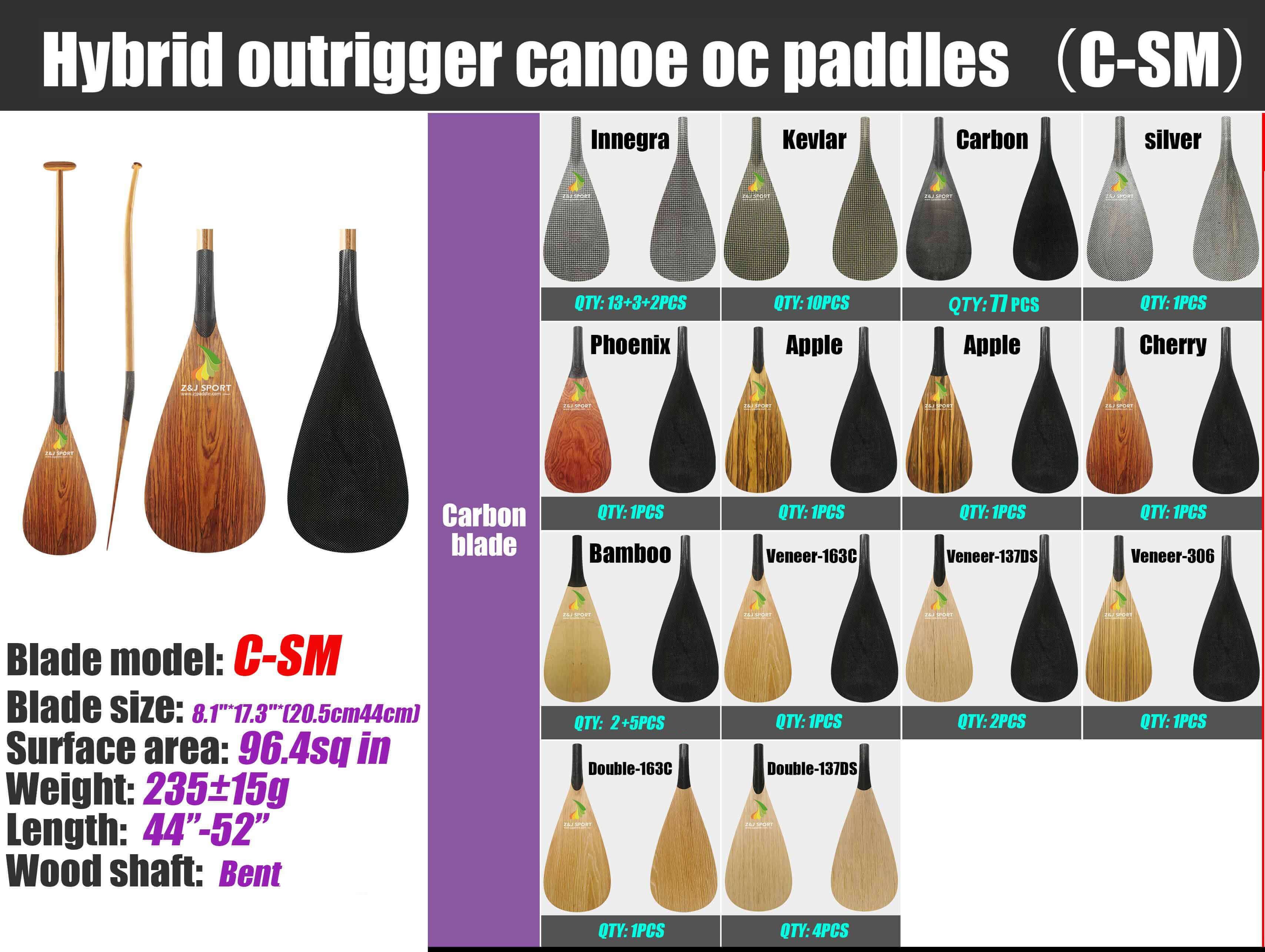 A graphic presents the ZJ SPORT ZJ Hybrid Outrigger Canoe Paddles. These paddles, ideal for waka ama enthusiasts, feature a handcrafted wood shaft and a C-S carbon blade. Crafted with Innegra, Kevlar, and Bamboo, they offer details on quantity and blade specs.