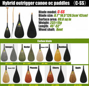 Image of ZJ Hybrid Outrigger Canoe Paddle with C-S Carbon Blade by ZJ SPORT for kids. Features diverse blade models including Carbon, Innegra, and Kevlar with handcrafted wood shafts. Includes details on blade sizes, surface areas, weights, and wood shaft specs.