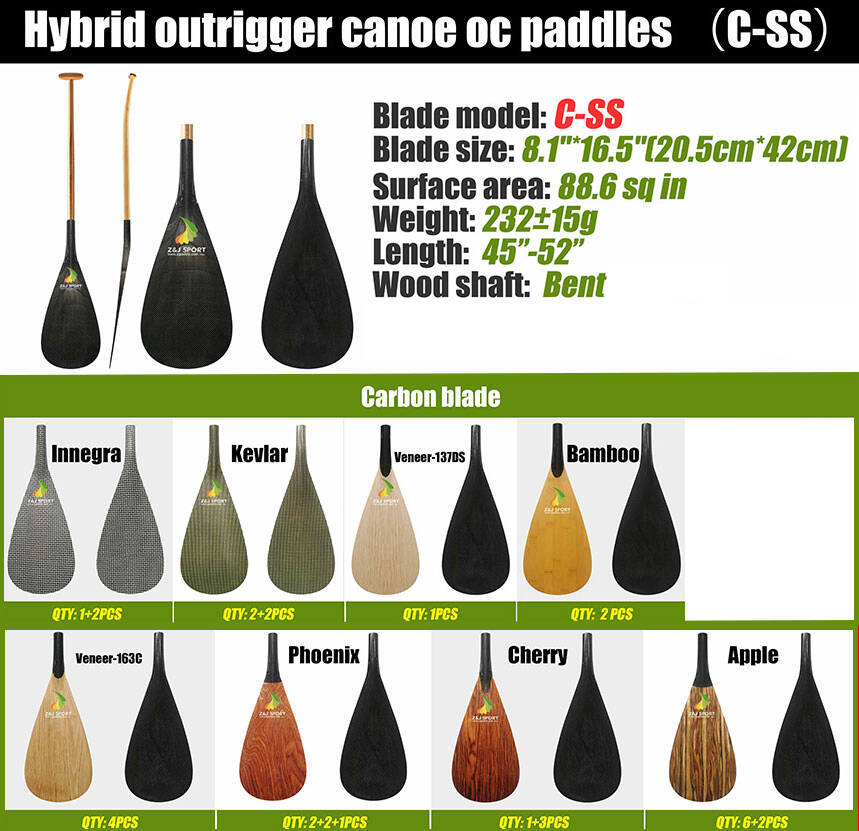 Image of ZJ Hybrid Outrigger Canoe Paddle with C-S Carbon Blade by ZJ SPORT for kids. Features diverse blade models including Carbon, Innegra, and Kevlar with handcrafted wood shafts. Includes details on blade sizes, surface areas, weights, and wood shaft specs.