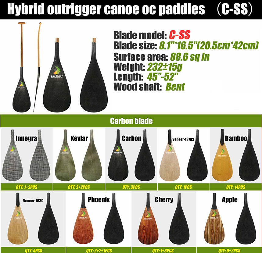 Pagaia per canoa ZJ Hybrid Outrigger con lama in carbonio e albero superiore in legno piegato