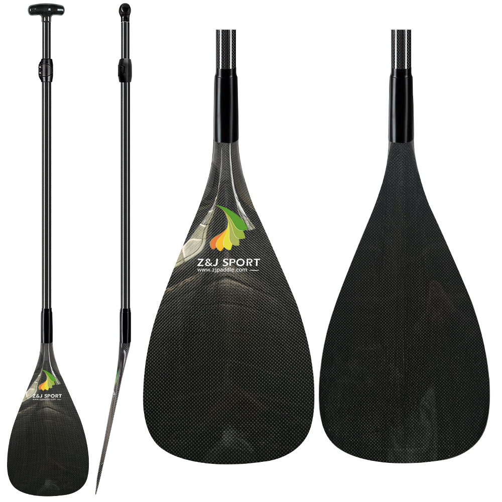 Three black ZJ SPORT paddles, shown from various angles on a white background, feature a carbon fiber texture and ergonomic T-handle. The logo displays a leaf and ZJ SPORT, enhancing the distinct style of these ZJ Adjustable Carbon Outrigger Canoe Paddles With C-W Carbon Blade.