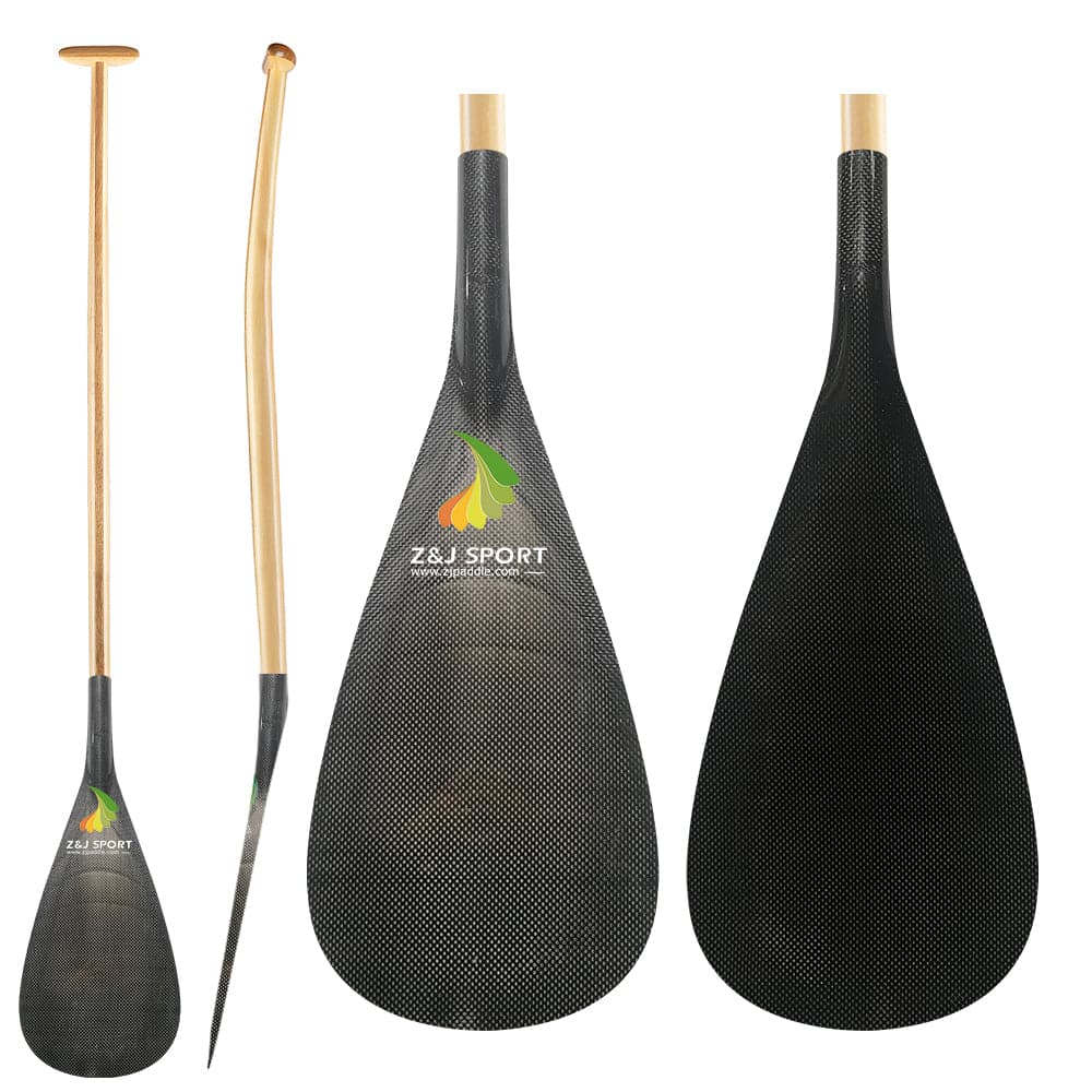 ZJ Hybrid Outrigger Canoe Paddle com lâmina de carbono e haste de madeira curvada na parte superior
