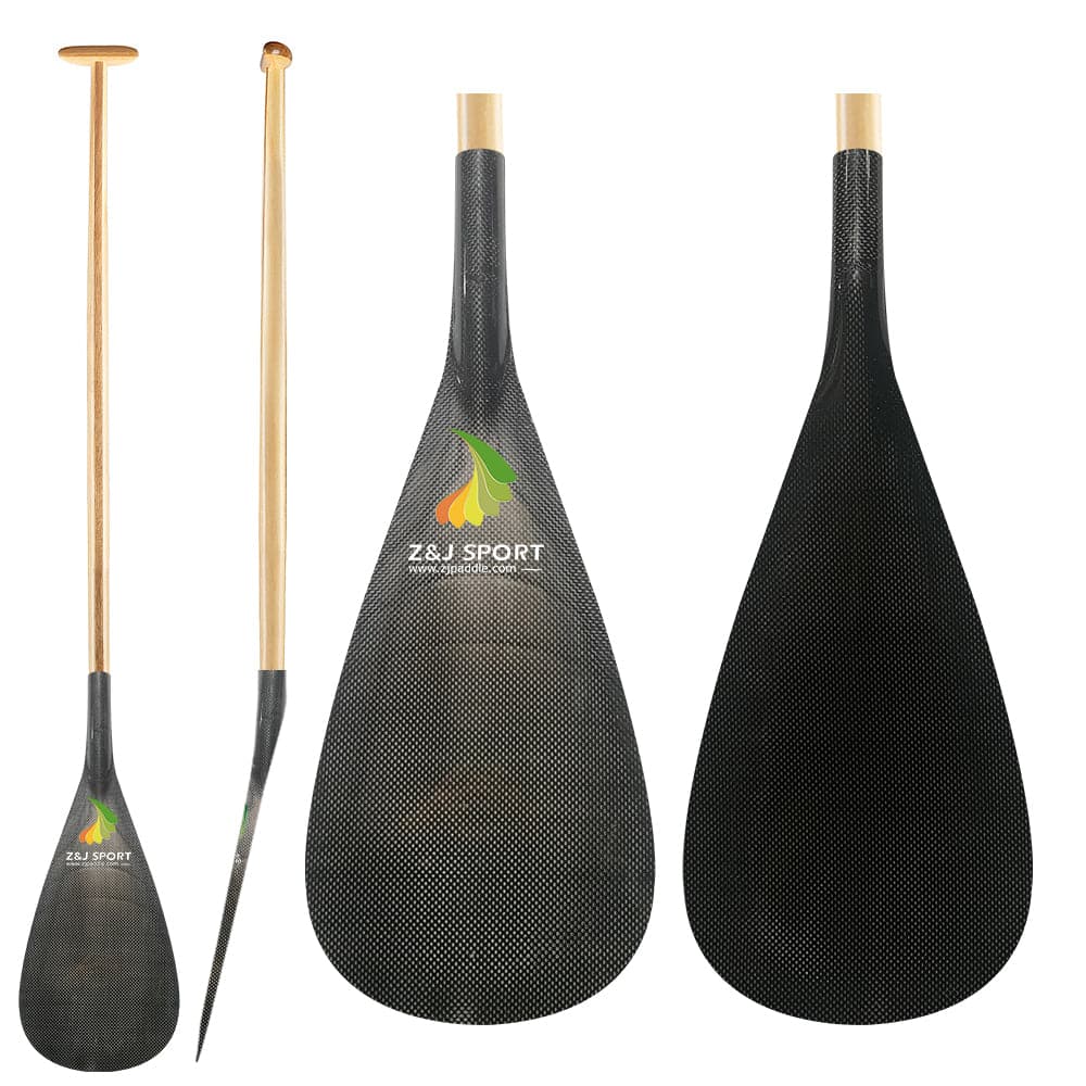ZJ Hybrid Outrigger Canoe Paddle com lâmina de carbono e haste de madeira curvada na parte superior