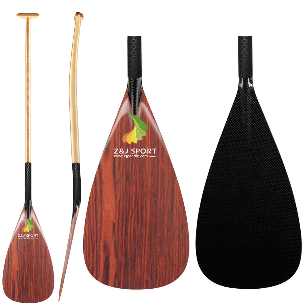 The image showcases three ZJ SPORT paddles. Two are angled to reveal logo and design details, highlighting the wooden veneer on carbon blades. The third paddle presents a side view of its sleek carbon blade. All paddles feature an ergonomic shaft, anti-skid grip, and display the ZJ SPORT logo.