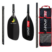 A disassembled black ZJ SPORT paddle includes a handle, two ends, and a shaft with Z&J SPORT on the carbon fiber blades. The set comes with a branded black and red carrying bag, ideal for whitewater paddling enthusiasts.