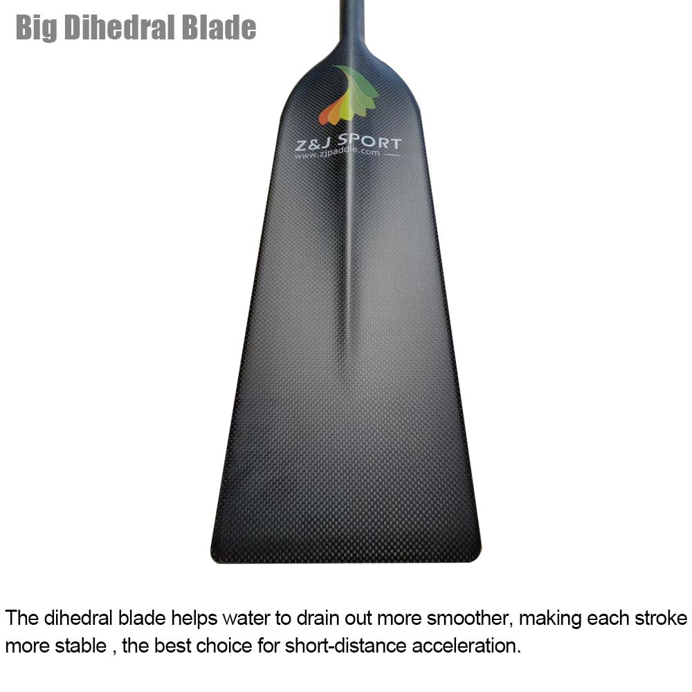 Image of a black dihedral paddle blade with the ZJ SPORT logo. Text above reads Big Dihedral Blade. Below, it notes the ZJ New Arrival IDBF Approved Carbon Fiber Matte Dragon Boat Paddle is designed for water drainage, smooth strokes, and ideal for short-distance acceleration.