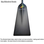 Image of a black dihedral paddle blade with the ZJ SPORT logo. Text above reads Big Dihedral Blade. Below, it notes the ZJ New Arrival IDBF Approved Carbon Fiber Matte Dragon Boat Paddle is designed for water drainage, smooth strokes, and ideal for short-distance acceleration.