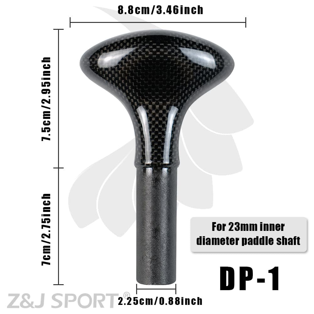 A close-up of ZJ SPORTs carbon fiber paddle handle, labeled DP-1, shows a sleek design with a 7.5cm shaft height, 2.25cm shaft diameter, and an 8.8cm handle width, perfect for a 23mm inner diameter paddle shaft. Elevate your shopping with the expertly crafted ZJ Lightweight Prepreg Carbon Handle for dragon boat paddles [Free Shipping].
