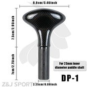 A close-up of ZJ SPORTs carbon fiber paddle handle, labeled DP-1, shows a sleek design with a 7.5cm shaft height, 2.25cm shaft diameter, and an 8.8cm handle width, perfect for a 23mm inner diameter paddle shaft. Elevate your shopping with the expertly crafted ZJ Lightweight Prepreg Carbon Handle for dragon boat paddles [Free Shipping].