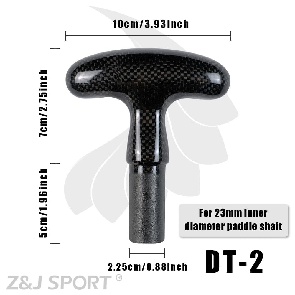 The black T-shaped DT-2 handle by ZJ SPORT, made from premium carbon, measures W10 cm (3.93 in), H7 cm (2.75 in), with a shaft insertion length of 5 cm (1.96 in) and diameter of 2.25 cm (0.88 in). Designed for a 23 mm paddle shaft, its featured as the ZJ Lightweight Prepreg Carbon Handle For Dragon Boat Paddle [Free Shipping].