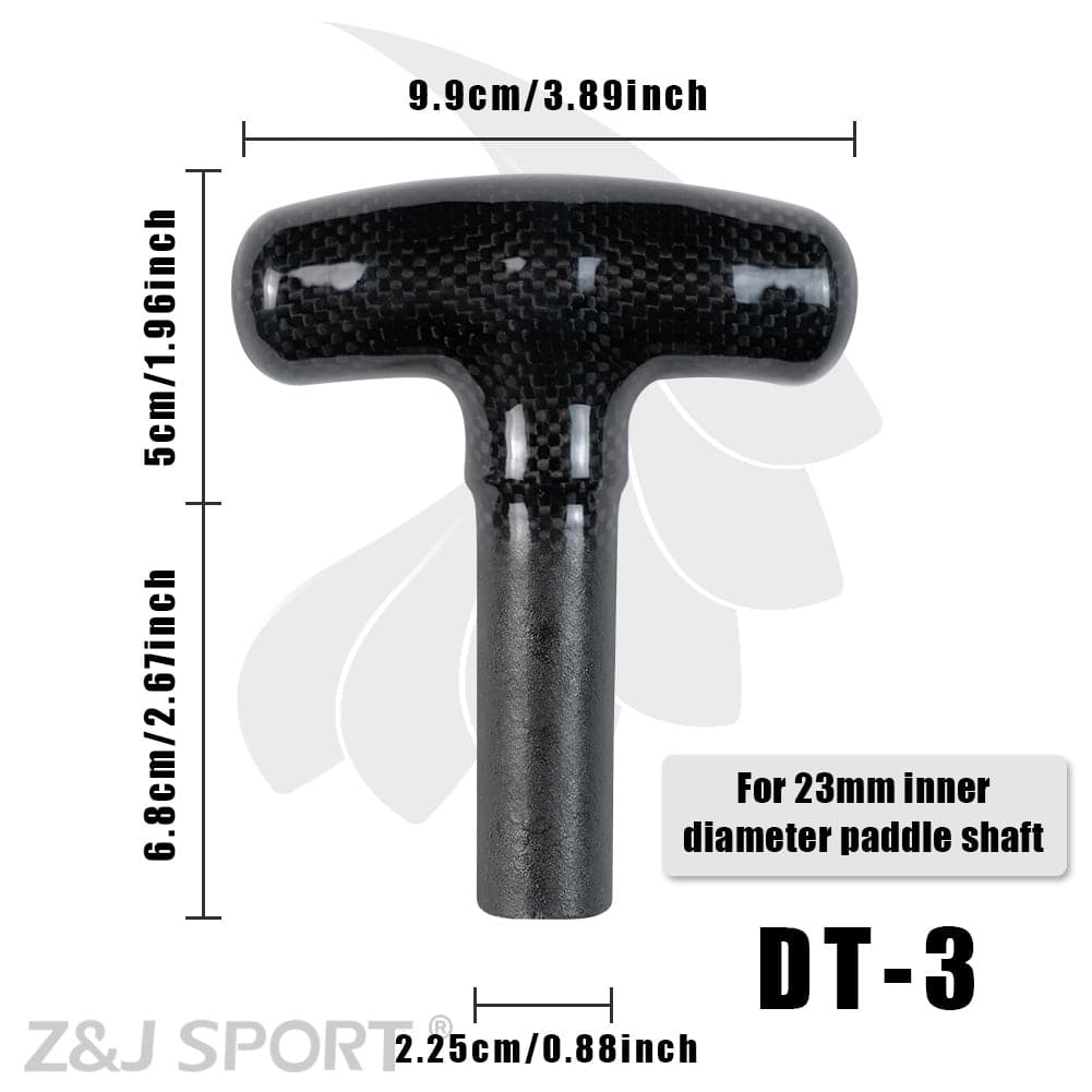 Enjoy the sleek shopping joy of the ZJ Lightweight Prepreg Carbon Handle for Dragon Boat Paddle by ZJ SPORT, crafted with precise dimensions of 9.9cm width, 6.8cm height, and 2.25cm diameter to fit a 23mm inner diameter shaft, featuring DT-3 and Z&J SPORT logos. Free shipping included!.