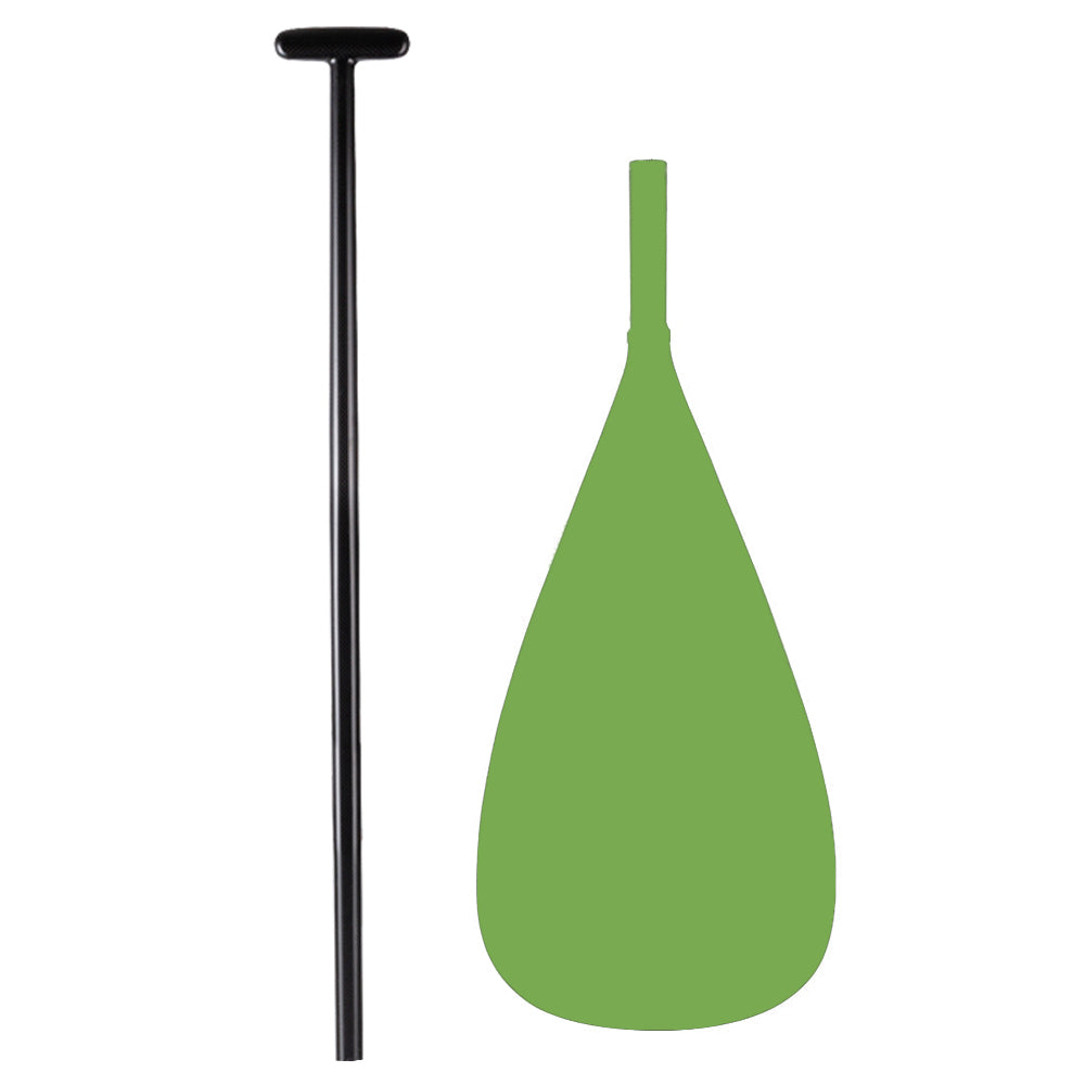 The ZJ SPORT ZJ Full Carbon Outrigger Canoe VAA Paddle With Graphic On Blade features a sleek carbon fiber design with a black shaft and green blade. Its displayed vertically against a white background, showcasing an ergonomic T-handle for comfort.