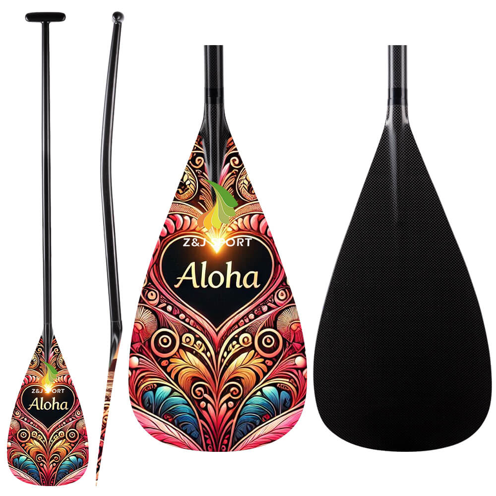The ZJ SPORT set includes three full carbon outrigger canoe VAA paddles with colorful graphic designs on the blade. One paddle showcases red, yellow, and orange patterns with Aloha, and features ergonomic T-handles for a comfortable grip.