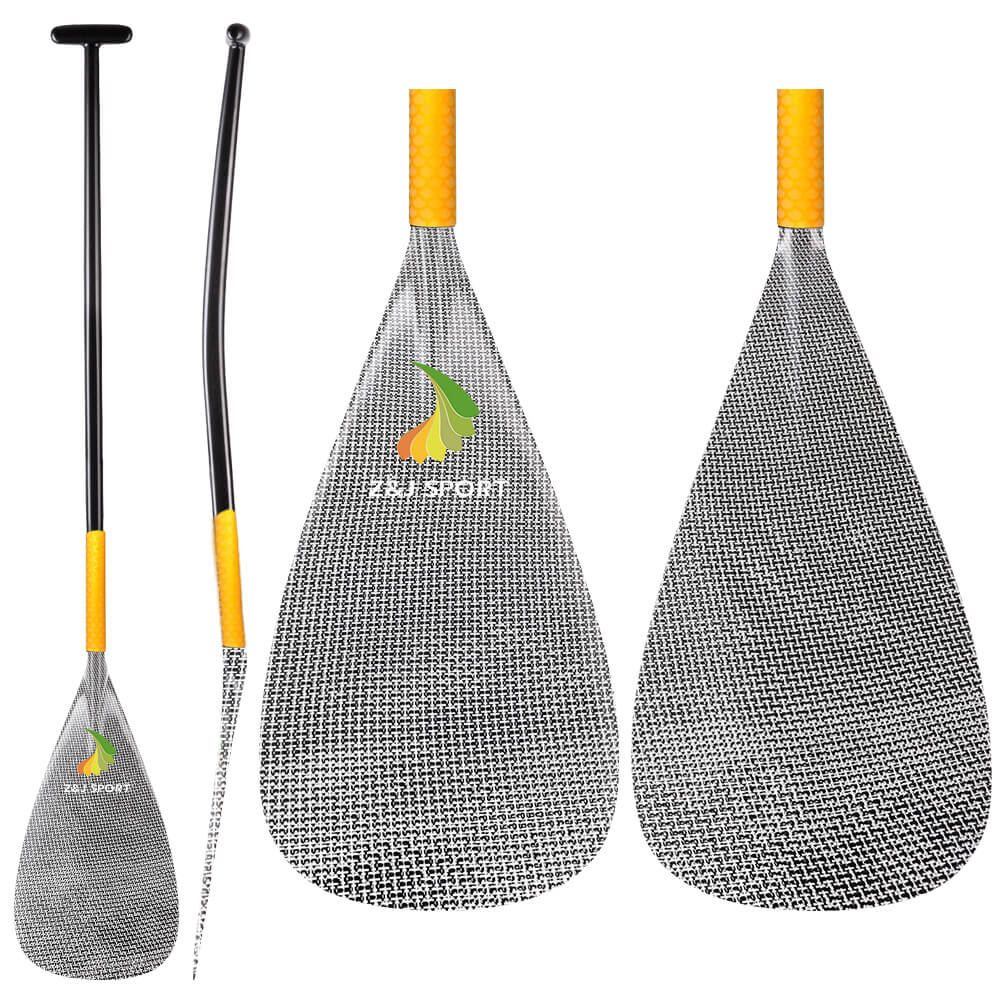 The ZJ SPORT ZJ New Full Carbon Outrigger Canoe Paddle With Upper Bent Shaft features four black paddles with yellow ergonomic T-handles and large mesh-patterned blades; two stand fully extended while the others showcase the curved design.