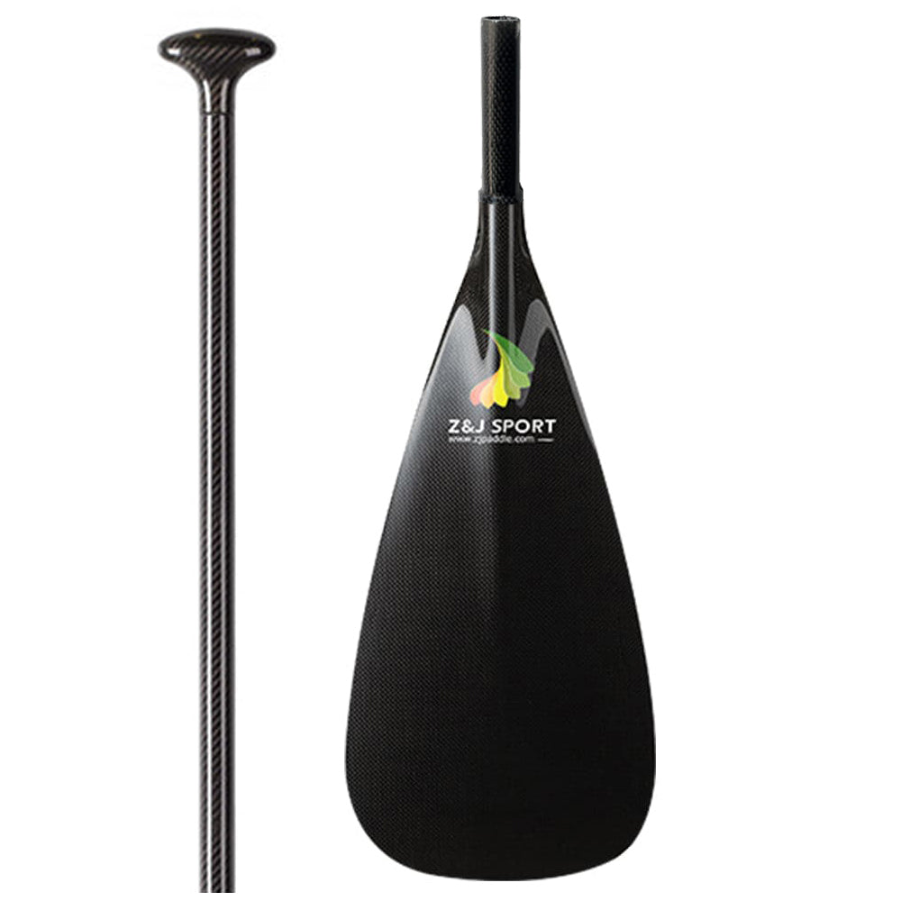 Close-up of a ZJ Full Carbon Outrigger Canoe Steering Paddle by ZJ SPORT, featuring a wide, sleek carbon fiber blade with textured surface. The T-shaped ergonomic palm handle is crafted for waka ama water sports enthusiasts seeking precision and comfort.