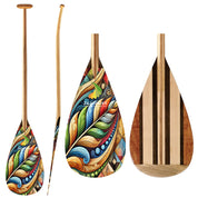 The ZJ SPORT ZJ Full Wooden Outrigger Canoe Paddle showcases a vibrant feather and abstract design on its fiberglass-reinforced blade, with an ergonomic handle in a natural finish.