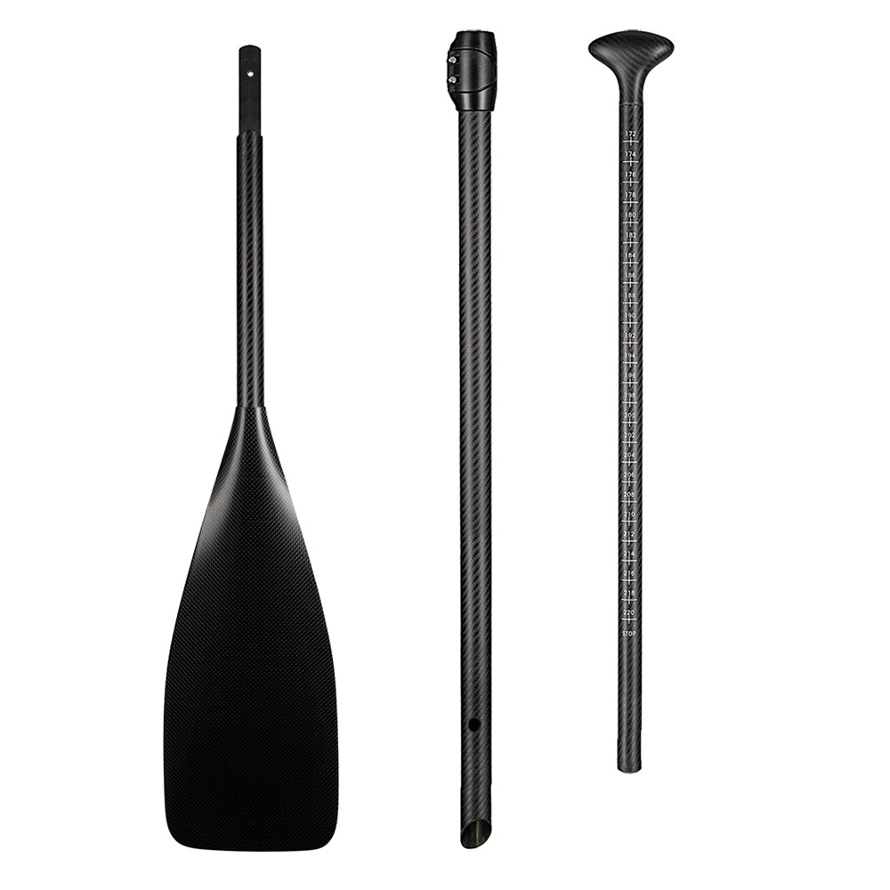 The ZJ SPORT ZJ 3-Piece Carbon Adjustable SUP Paddle Race H Model features a wide black blade, ergonomically designed textured handle, and smooth adjustable-length shaft, all vertically aligned against a white background.