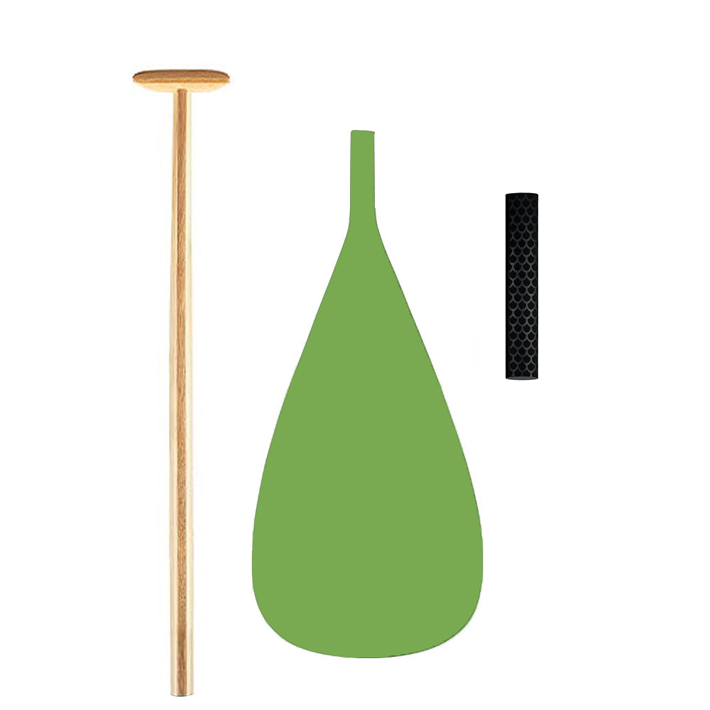 The ZJ SPORT ZJ Hybrid Outrigger Canoe VAA Paddle is illustrated with an ergonomic T-handle on the left, a large green carbon blade in the center with graphic, and a black anti-skid grip on the right, all against a plain white background.