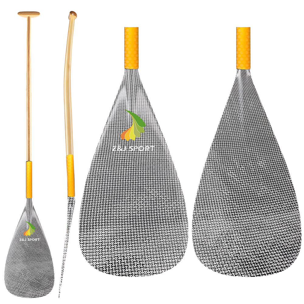 Three ZJ SPORT waka ama paddles are shown. Two have orange and light brown wood shafts with large, textured carbon blades in black and gray. One is disassembled, displaying its parts. Each blade features a green and orange logo of the brand ZJ SPORT.