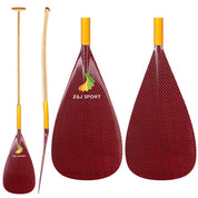 Two red ZJ SPORT carbon fiber paddles with yellow handles and fiberglass shafts are featured. One paddle is shown vertically, while the other side view displays blade curvature. The Z&J SPORT logo is centered on each carbon blade of the ZJ New Hybrid Outrigger Canoe Paddle.