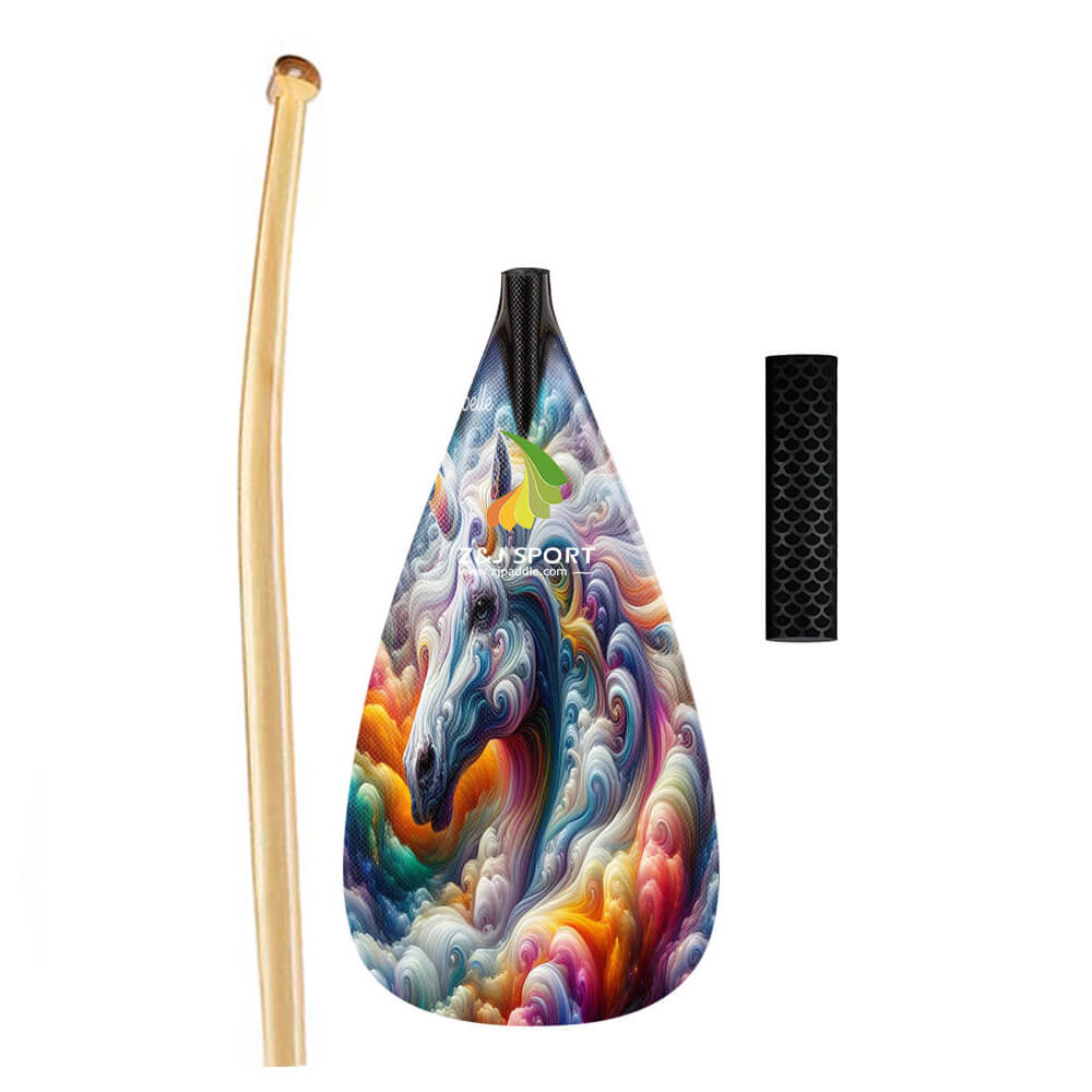 The ZJ SPORT Hybrid Outrigger Canoe VAA Paddle showcases a psychedelic horse design and swirling rainbow patterns on its carbon blade. It has a bamboo shaft and ergonomic T-handle with black anti-skid grip for optimal control.