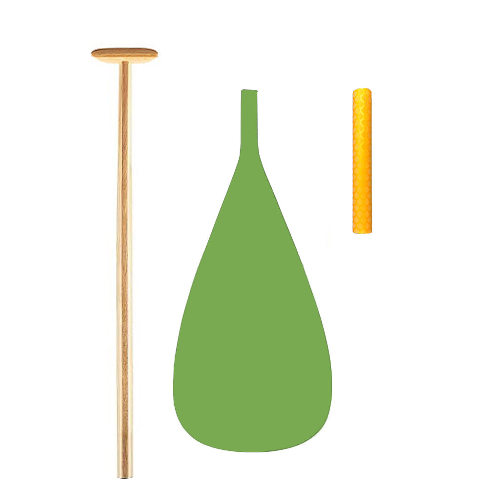 The ZJ SPORT Hybrid Outrigger Canoe Paddle for Kids boasts a wooden shaft, antiskid orange grip, vibrant green fiberglass blade, and a wooden T-handle, all on a sleek white backdrop.
