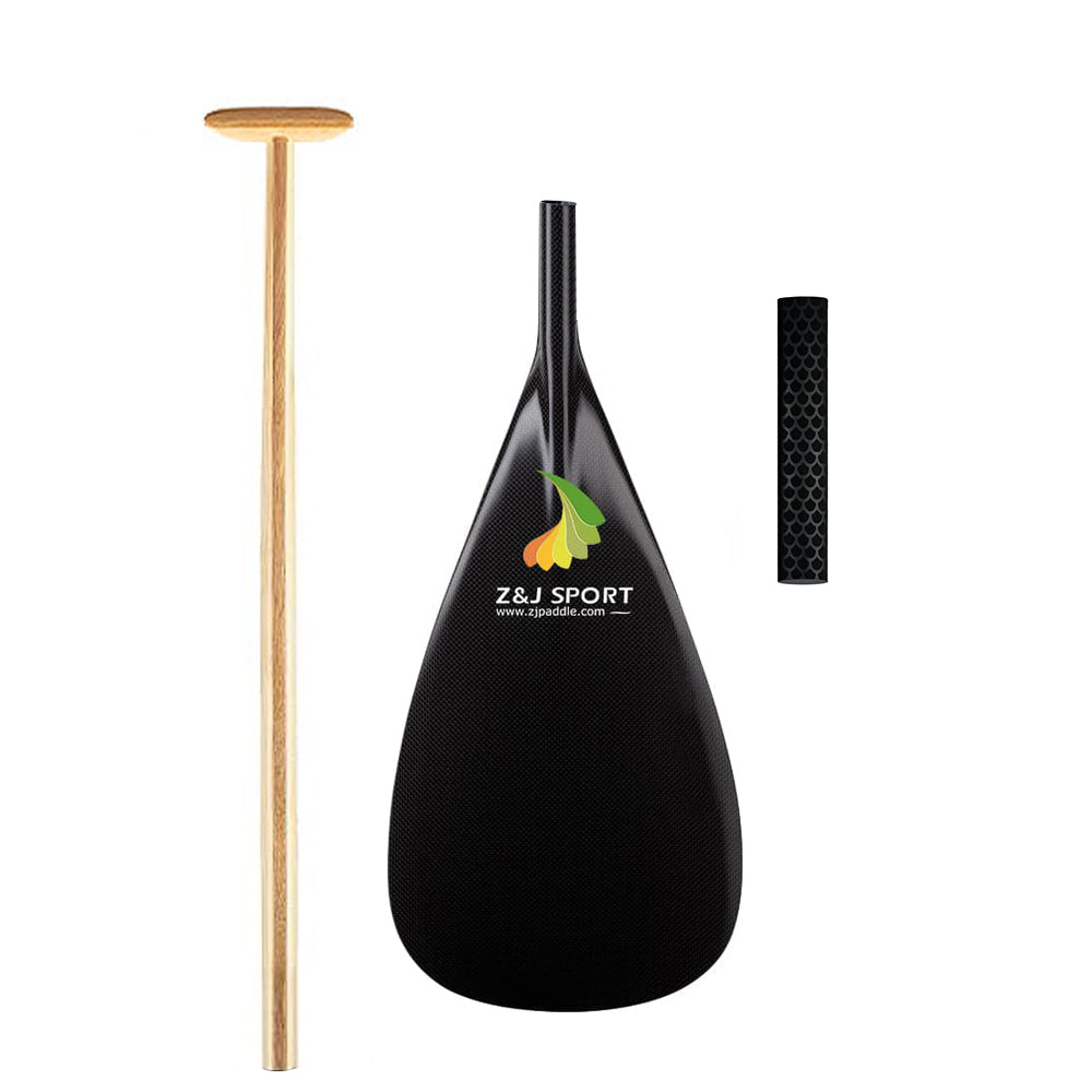 Image of the ZJ Hybrid Outrigger Canoe Paddle for water sports, showcasing a handcrafted upper bent/straight wood shaft, a sleek carbon blade with the ZJ SPORT logo, and an anti-skid grip. The elements are elegantly arranged against a pristine white background.