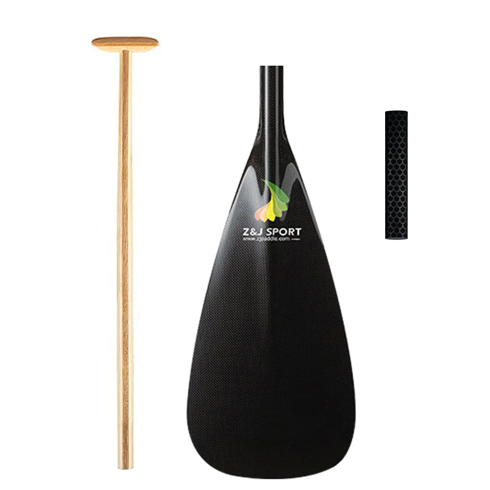 The ZJ Hybrid Outrigger Canoe Steering Paddle by ZJ SPORT features a handcrafted wood shaft, carbon fiber blade, a textured black anti-skid grip, and a wooden T-handle.