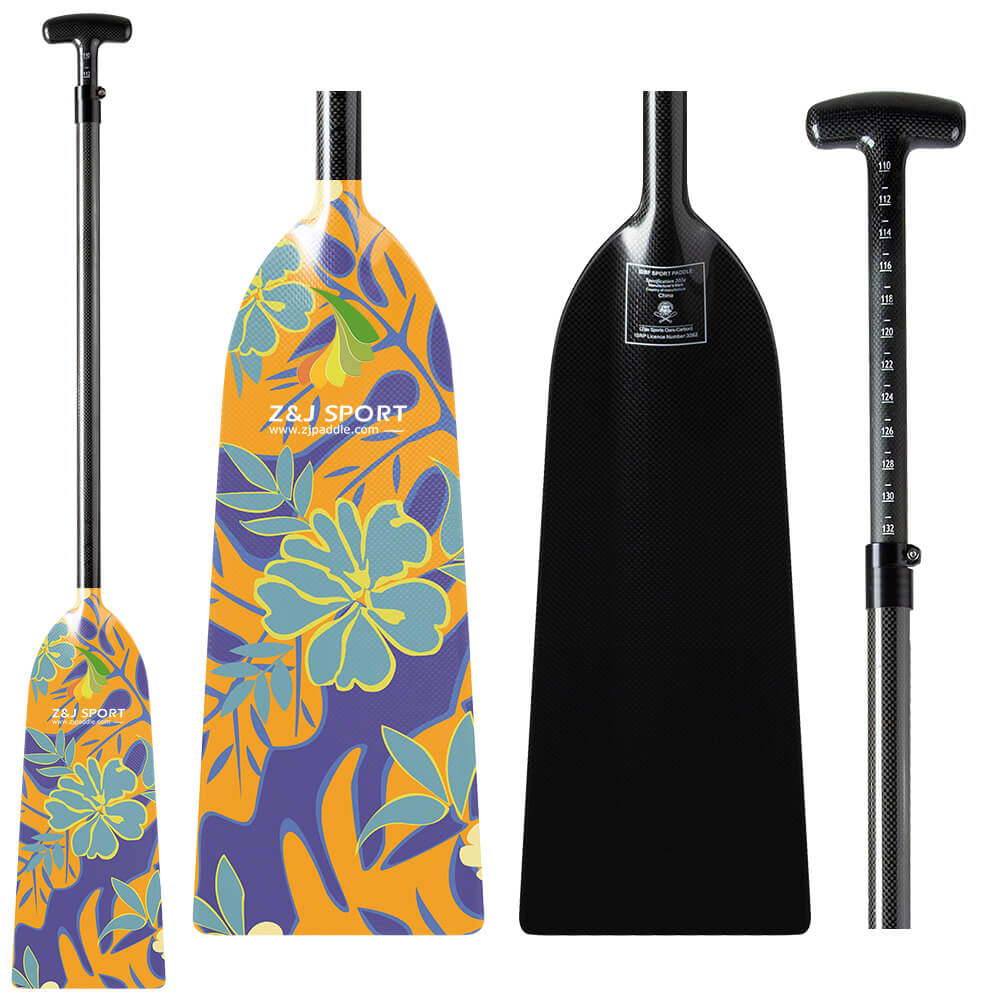 Three views of a paddle include: an adjustable one with green and yellow floral design on purple, a solid black carbon fiber paddle, and a ZJ SPORT dragon boat paddle showcasing its handle and measuring scale on the black shaft.