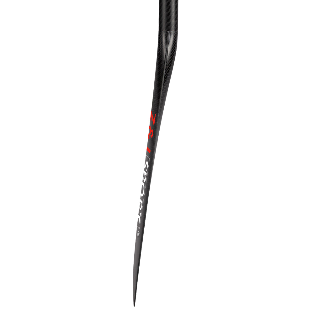 Close-up of a sleek carbon fiber bicycle fork with ZJ 3-Piece Carbon Adjustable SUP Paddle Race H Model in white and red, echoing the aerodynamic design of a carbon fiber SUP paddle by ZJ SPORT. Its glossy surface reflects light brilliantly.