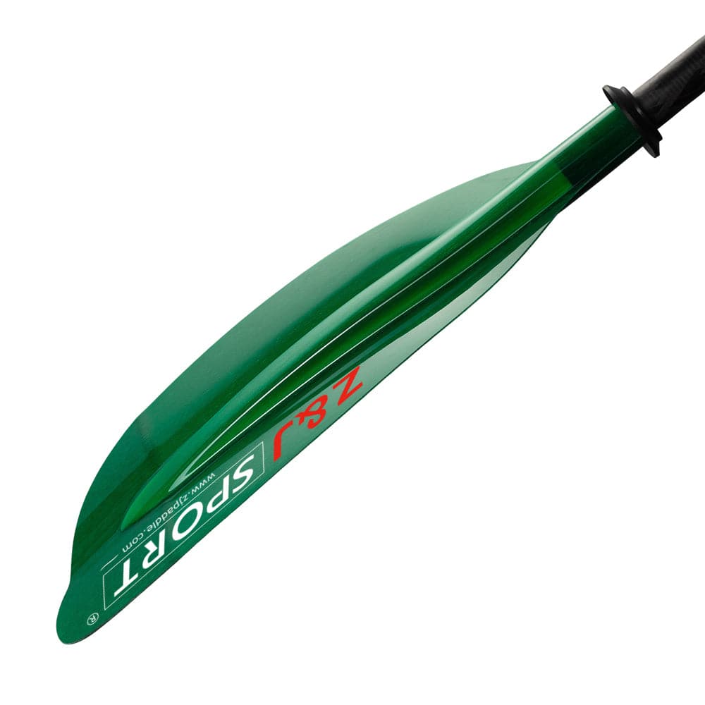 A close-up of a green kayak paddle with a sleek carbon fiber shaft and the blade labeled ZJ SPORT for sea kayak adventures. The ZJ 2-Piece Translucent Fiberglass Paddle (SKR-III) combines simplicity with performance, making it perfect for any water sports enthusiast.