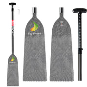 Composite image showcasing the ZJ IDBF Approved Dragon Boat Paddle by ZJ SPORT with a carbon/Kevlar texture. It features a black shaft, length scale, and T-shaped grip with a logo in green and yellow accents near its Verner blade.
