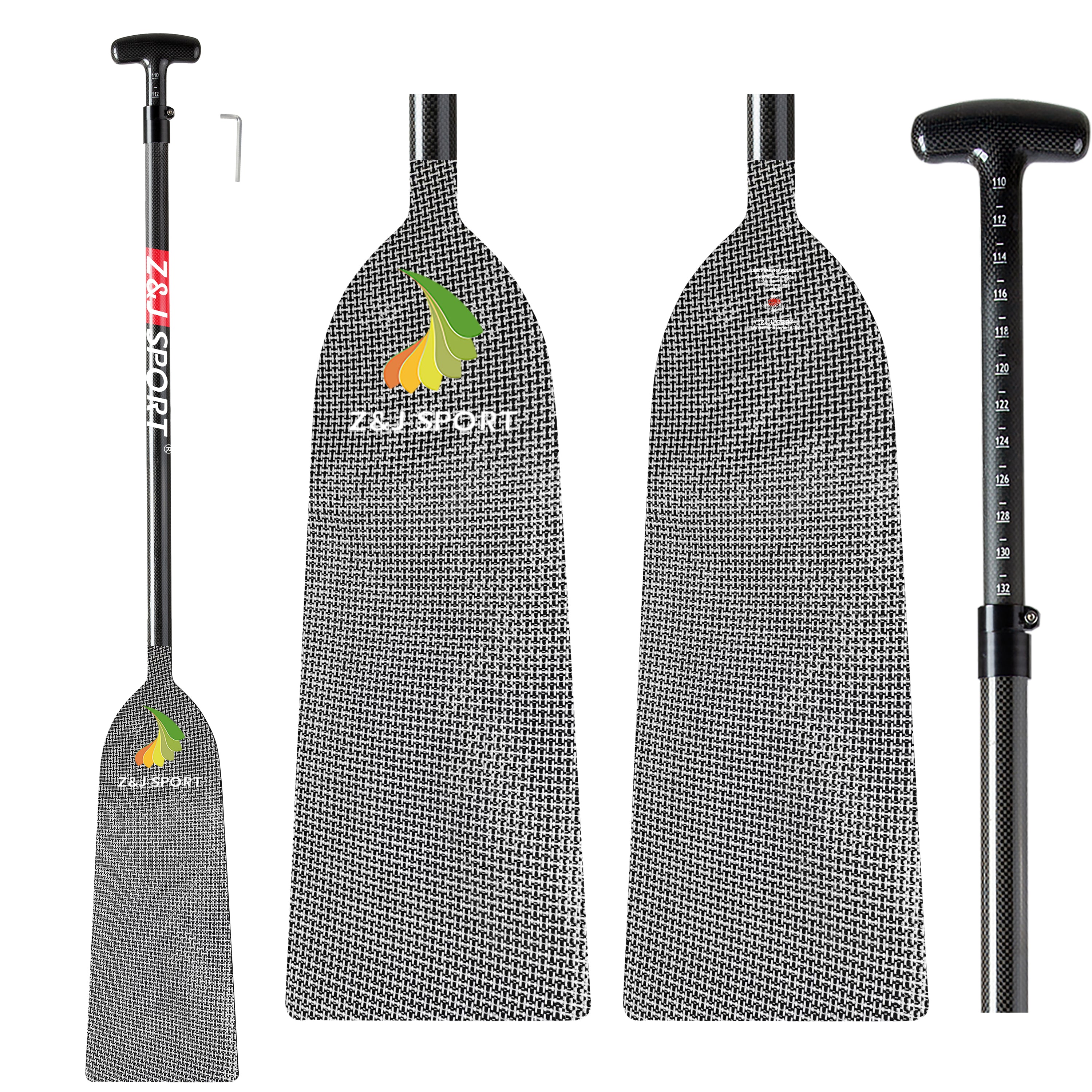 Composite image showcasing the ZJ IDBF Approved Dragon Boat Paddle by ZJ SPORT with a carbon/Kevlar texture. It features a black shaft, length scale, and T-shaped grip with a logo in green and yellow accents near its Verner blade.