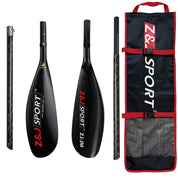 The ZJ 4 Piece Carbon Fiber Kayak Surfski Paddle features black carbon fiber with the Z&J SPORT logo in red and white. It includes an adjustable oval shaft, wing blade, and a black carrying bag featuring a matching logo and red accents.