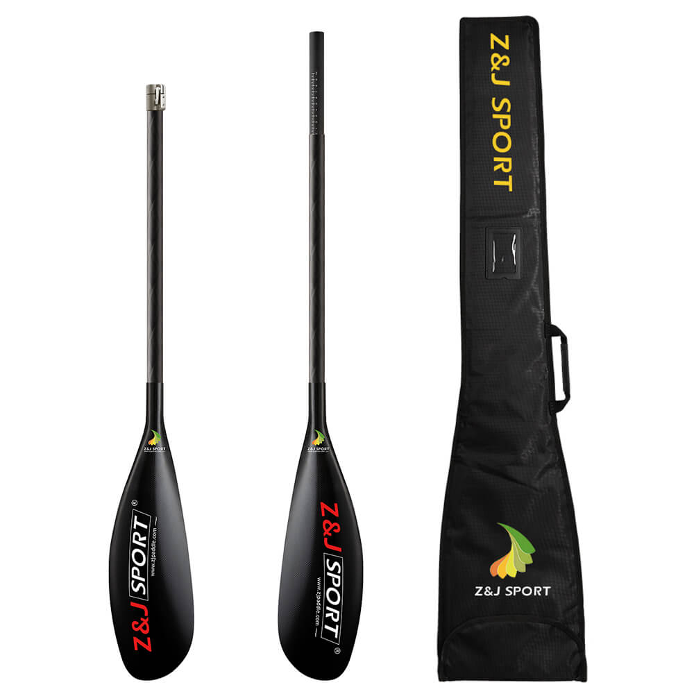 Two ZJ SPORT black kayak paddles with ZJ SPORT in red and white are shown. The carbon fiber blades feature an asymmetrical, glossy finish. A black carrying case with the same branding is included on the right.