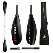 The ZJ SPORT Lightweight J Series kayak paddle features a black asymmetrical carbon fiber blade for enhanced performance, adjustable length, and glossy finish. The round shaft paddle comes with a black carry bag adorned with a green leaf logo.