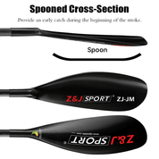 Three black ZJ SPORT paddles, model ZJ-JM, are shown. The top carbon fiber paddle features an asymmetrical shape and spooned cross-section for an early catch during strokes, as per the text.
