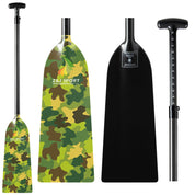 Two canoe paddles are displayed: the ZJ SPORT with a camouflage design, Z&J SPORT text, and a plain black carbon fiber paddle. Both feature T-shaped handles and reinforced shafts for strength and durability.