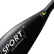 Close-up of the ZJ SPORT J Series Carbon Fiber kayak paddle blade, asymmetrical with a SPORT logo, a small ZJ Sport logo featuring green and orange leaves, and www.zjpaddle.com below.