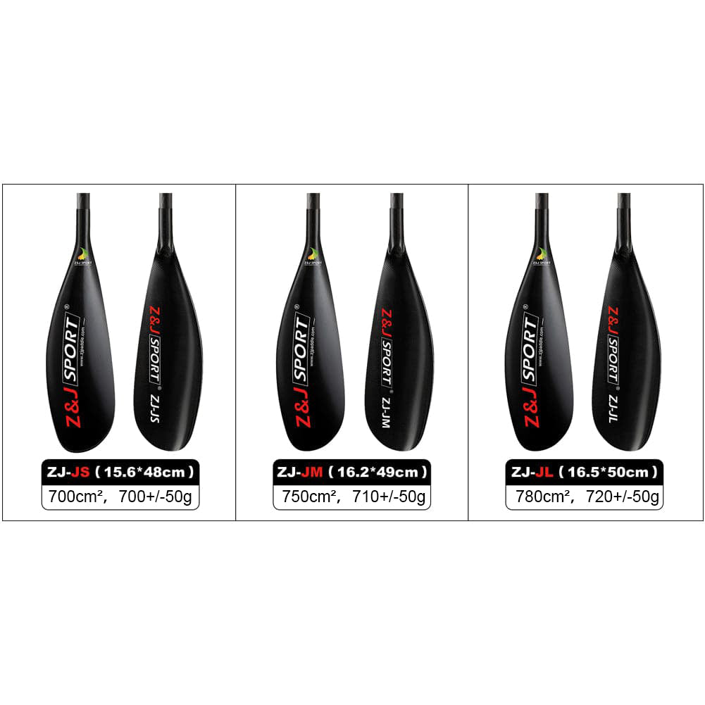 Image displaying three black asymmetrical kayak paddle blades labeled ZJ-JS, ZJ-JM, and ZJ-JL from ZJ SPORTs Lightweight J Series. Made of durable carbon fiber, they measure 15.6x48cm, 16.2x49cm, and 16.5x50cm with logos and sizes printed on them.