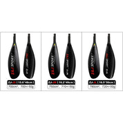 Image displaying three black asymmetrical kayak paddle blades labeled ZJ-JS, ZJ-JM, and ZJ-JL from ZJ SPORTs Lightweight J Series. Made of durable carbon fiber, they measure 15.6x48cm, 16.2x49cm, and 16.5x50cm with logos and sizes printed on them.