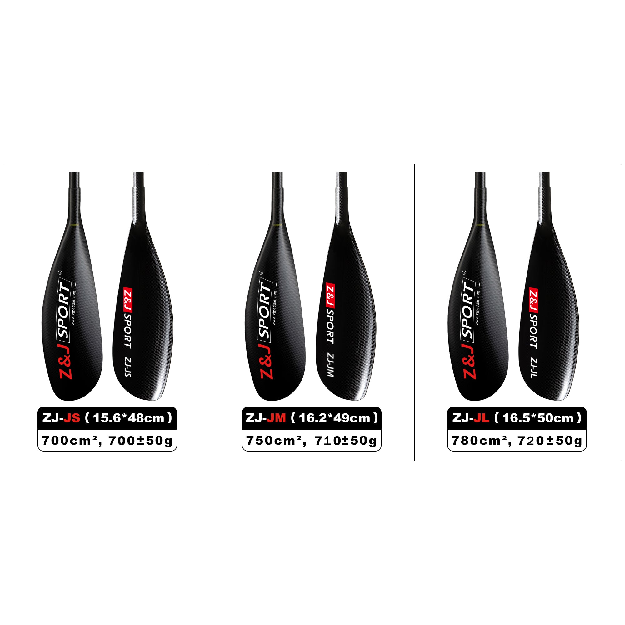 Image displaying three black asymmetrical kayak paddle blades labeled ZJ-JS, ZJ-JM, and ZJ-JL from ZJ SPORTs Lightweight J Series. Made of durable carbon fiber, they measure 15.6x48cm, 16.2x49cm, and 16.5x50cm with logos and sizes printed on them.