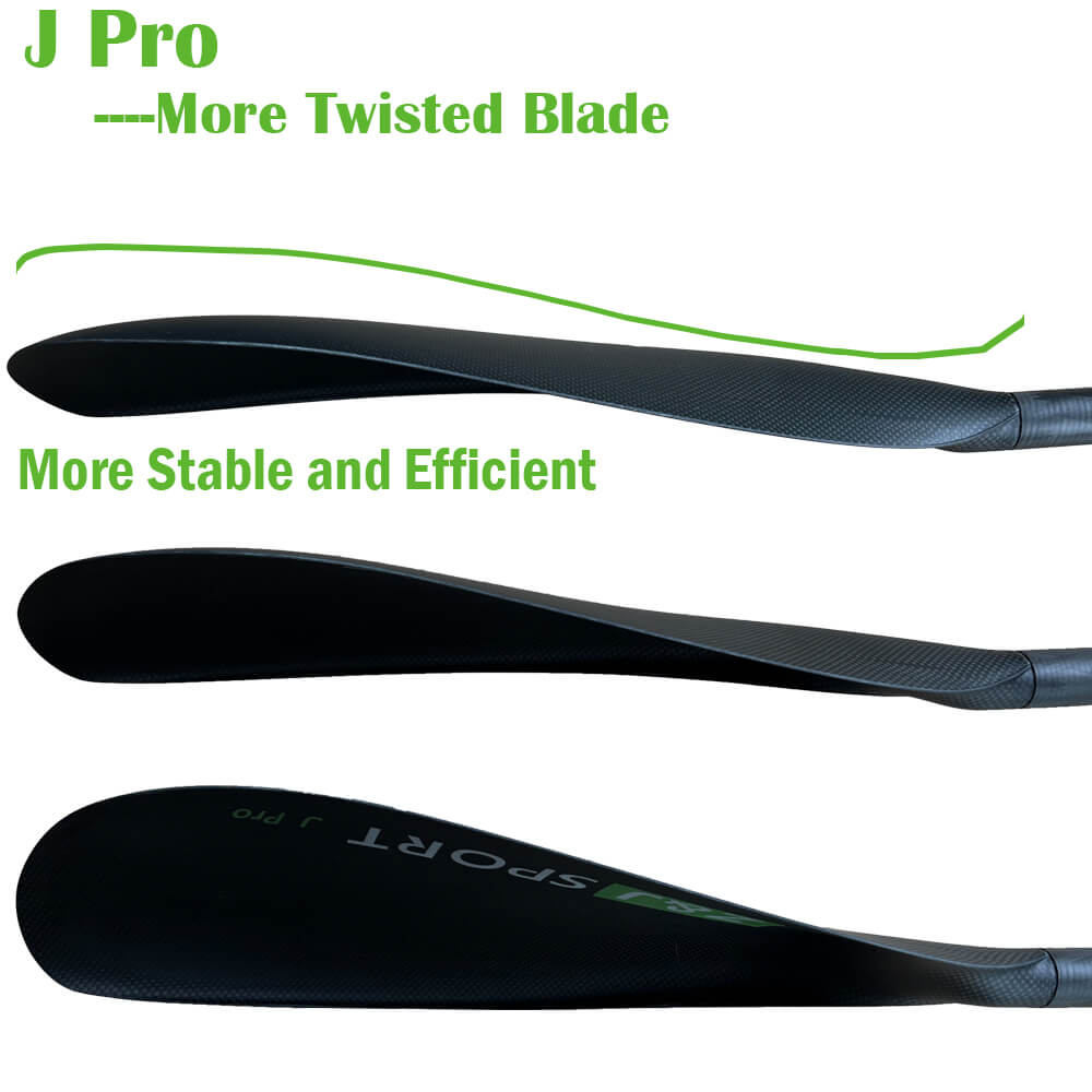 Three matte black ZJ SPORT paddles with twisted blades appear, labeled: Lightweight J Pro Carbon Fiber - More Twist Blade - Stable and Efficient.