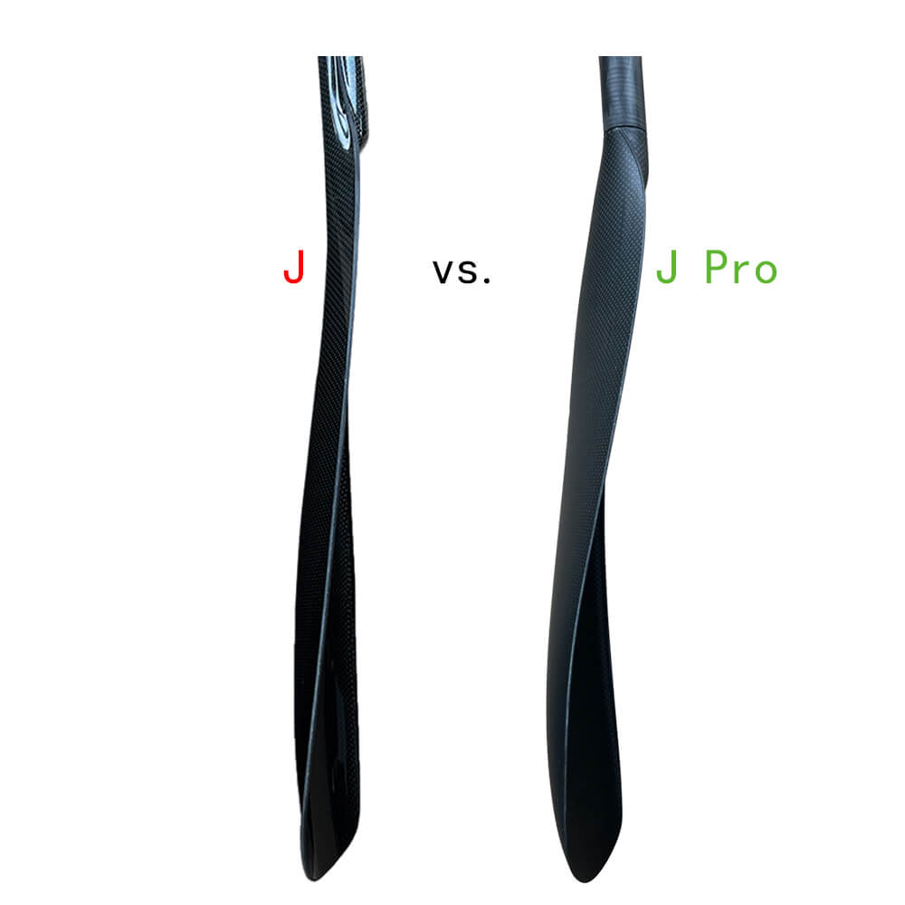 A comparison image shows two sleek black carbon-fiber paddles on a pristine white background. The paddle on the left is labeled J in red, while the right, reminiscent of a wing blade and labeled J Pro in green, refers to the ZJ Lightweight J Pro Carbon Fiber Kayak Surfski Paddle by ZJ SPORT.