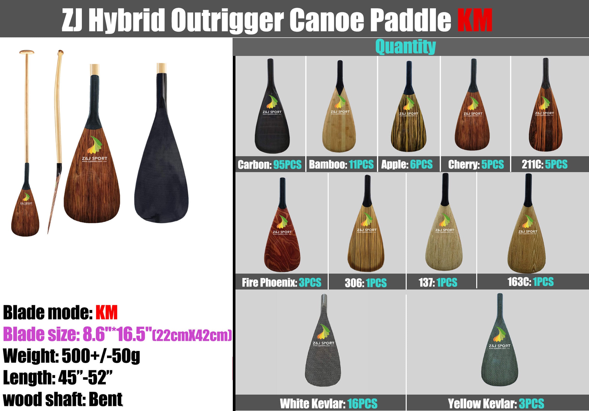 Image featuring a variety of ZJ SPORTs hybrid outrigger canoe paddles for kids, with K carbon blades. Blades range from 8.6-16.5, weight is 500±50g, and lengths are 45-52. Each handcrafted wood shaft bent waka ama paddle comes with available quantities per design.