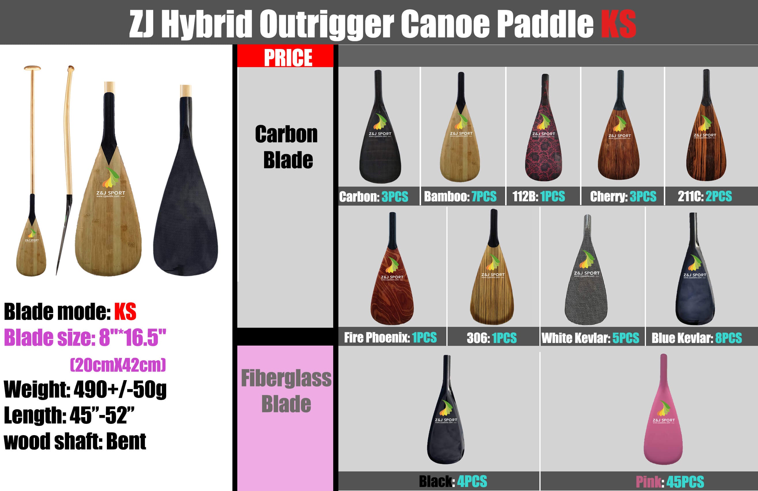 ZJ SPORTs ZJ Hybrid Outrigger Canoe Paddle With K Carbon Blade is perfect for young waka ama enthusiasts, offering bamboo, cherry, and fire phoenix designs. Handcrafted wood shaft; blade: 8x16.5; weight: 490g +/-50g; length: 45-52.