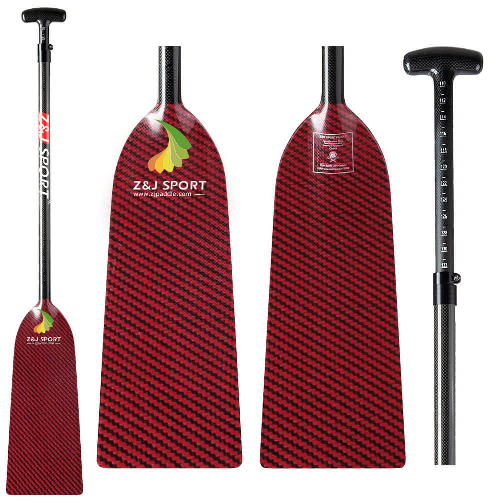 The ZJ SPORT IDBF Approved Dragon Boat Paddle features a red carbon fiber blade with a T-grip handle and adjustable measurements for customization. Adorned with the Z&J Sport logo, it boasts an eye-catching red checkered design and offers views showcasing its precision and style.