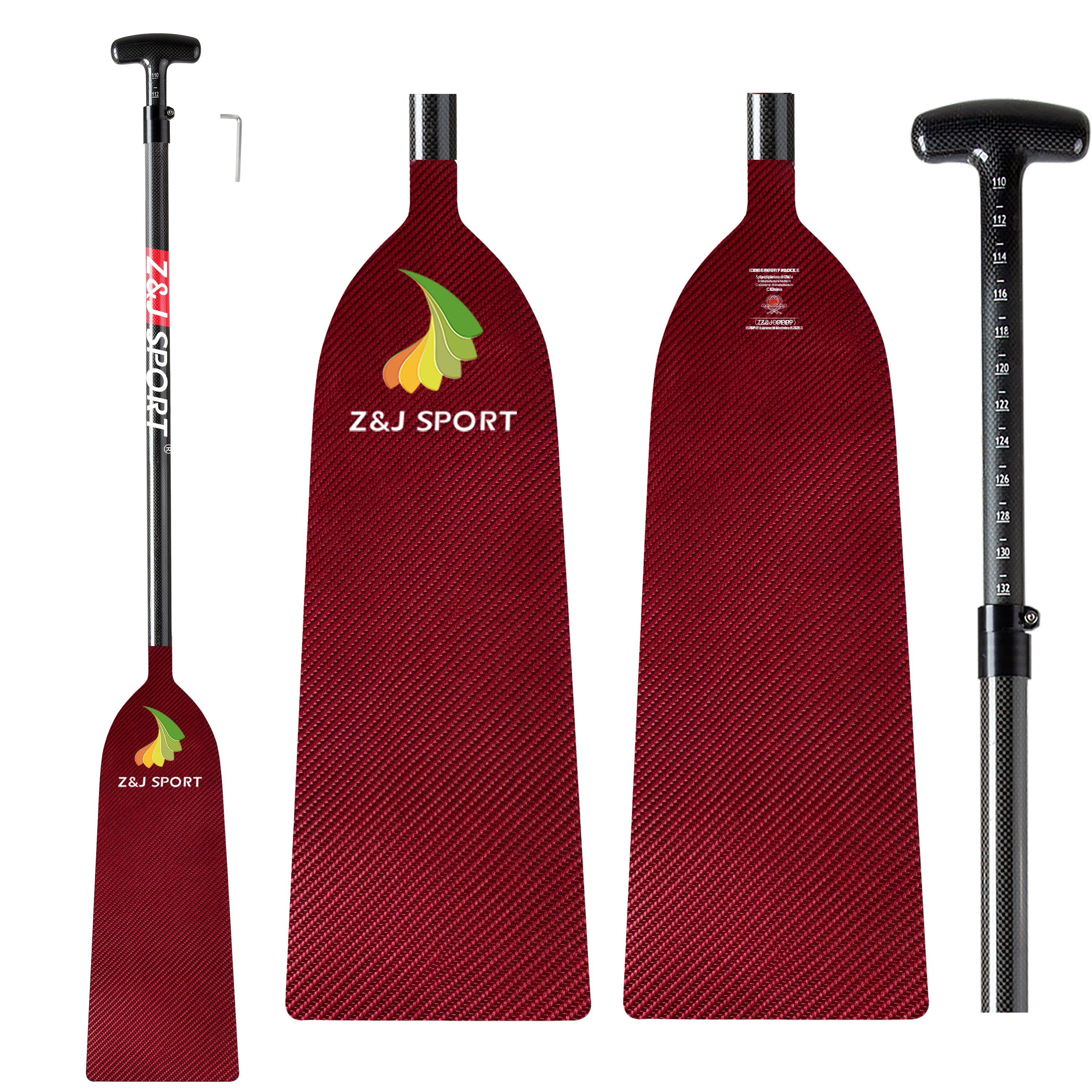 The ZJ SPORT IDBF Approved Dragon Boat Paddle features a red carbon fiber blade with a T-grip handle and adjustable measurements for customization. Adorned with the Z&J Sport logo, it boasts an eye-catching red checkered design and offers views showcasing its precision and style.